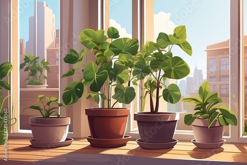 Popular Potted plants illustration On the window sill of the house window  in pots - philodendron  ficus  Monstera. 