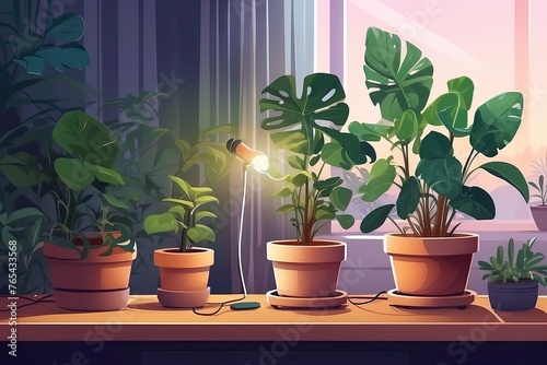 Popular Potted plants illustration of the house window, in pots grown under a full-spectrum phytolamp for plants- philodendron, ficus, Monstera.  photo