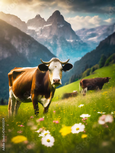 glückliche Kuh auf einer Wiese in den Bergen
