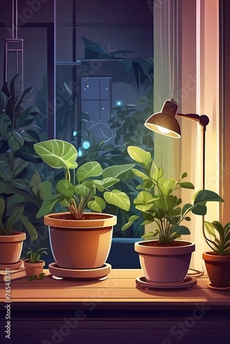 Popular Potted plants illustration of the house window, in pots grown under a full-spectrum phytolamp for plants- philodendron, ficus, Monstera.  photo