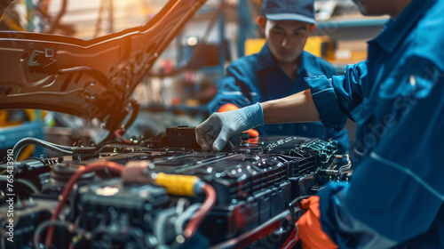 Proficient technicians handle electric battery servicing at the auto repair shop.