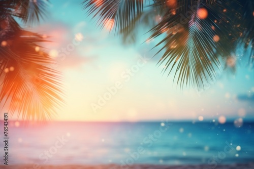 Palm leaves on the background of the sunset and the sea © Aida