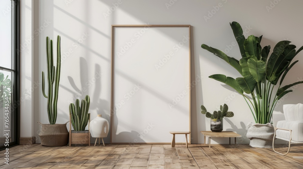 mockup frame and cactus tree in living room with wooden floor. 3D rendering, Generative AI mockup frame and cactus tree in living room with wooden floor. 3D rendering, Generative AI