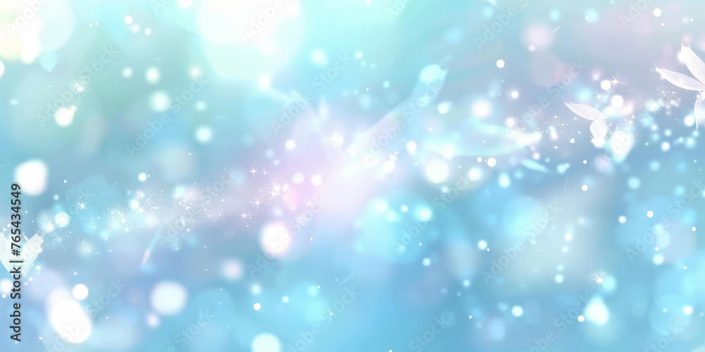 Abstract white and blue glitter background with bokeh lights, white cyan blue glitter sparkle on dark background, blue white circle bokeh, defocused, banner	
