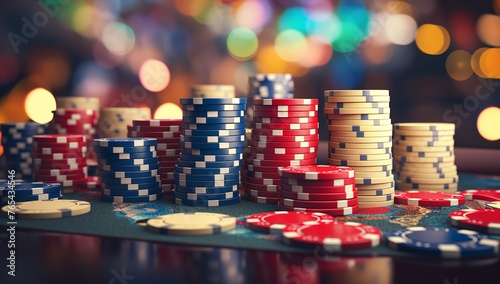3D Casino Chips and Cards: Stacks of Poker Chips