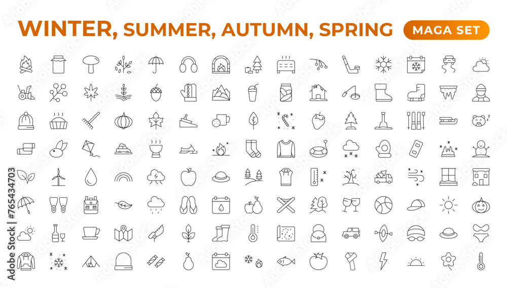 Spring, summer, autumn, and winter icon set. Weather icons. Weather forecast icon set. Clouds logo. Weather, clouds, sunny day, moon, snowflakes, wind, sun day. Outline icon collection.