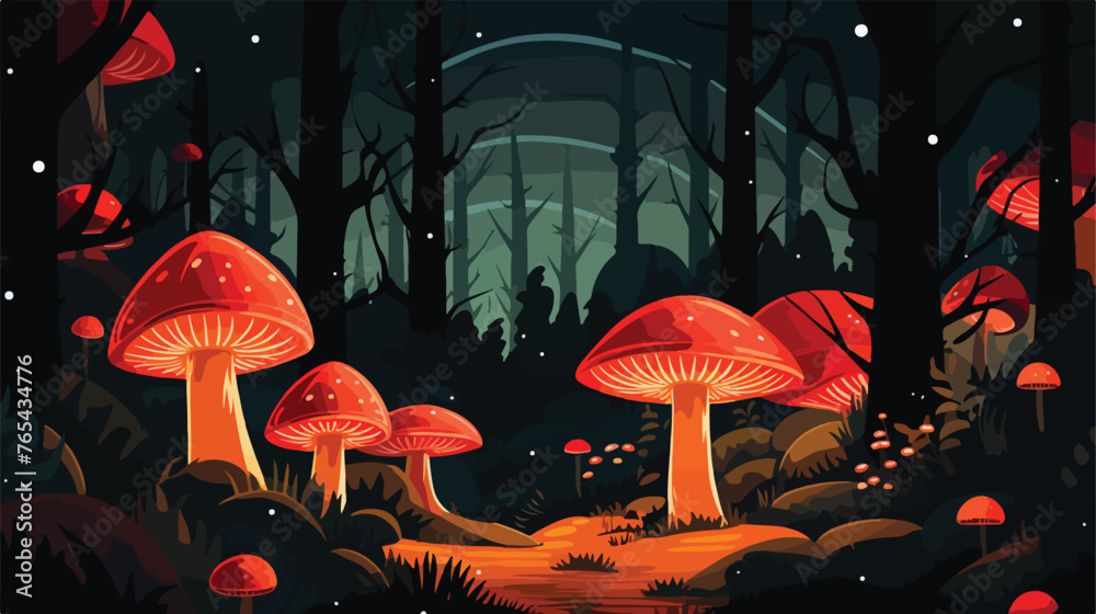  A mystical forest with glowing mushrooms. Flat vector