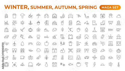 Spring, summer, autumn, and winter icon set. Weather icons. Weather forecast icon set. Clouds logo. Weather, clouds, sunny day, moon, snowflakes, wind, sun day. Outline icon collection.