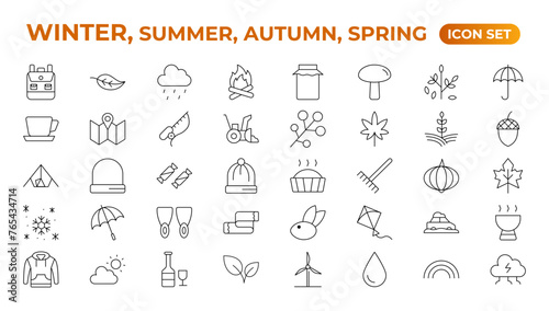 Spring  summer  autumn  and winter icon set. Weather icons. Weather forecast icon set. Clouds logo. Weather  clouds  sunny day  moon  snowflakes  wind  sun day. Outline icon collection.