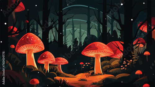  A mystical forest with glowing mushrooms. Flat vector