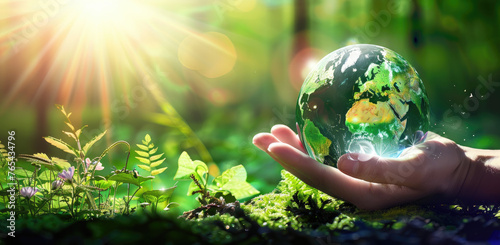 A hand holding a glass globe with a green planet and sunlight in a forest background, depicting a sustainable environment concept design