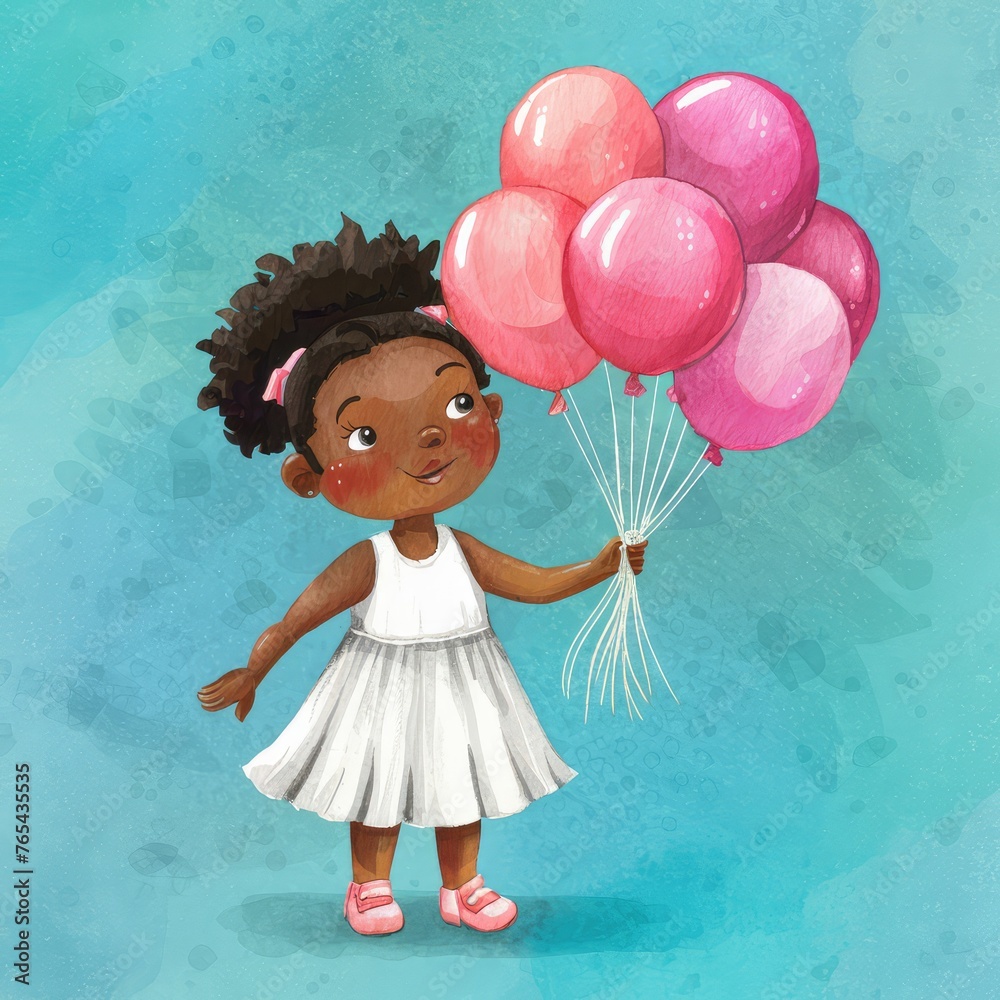 Illustration of a Cute Little African American Girl Holding Balloons