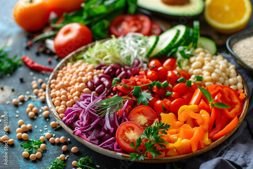 A vibrant bowl filled with an array of colorful plant-based ingredients, artfully arranged to showcase the beauty and diversity of plant-based eating.