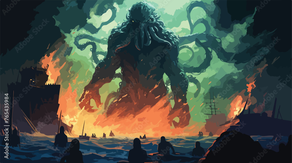 Dark fantasy scene showing Cthulhu the giant sea  - obrazy, fototapety, plakaty 