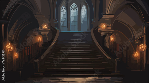 Dark fantasy library stairs in gloomy