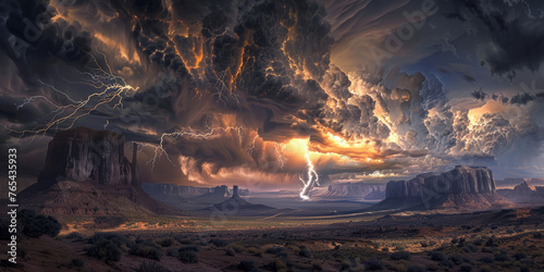 The artwork presents monumental desert rock formations under a tumultuous sky with lightning, symbolizing nature's power and grandeur