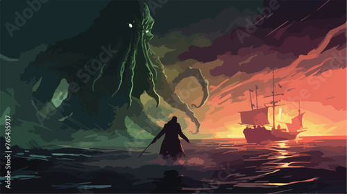 Dark fantasy scene showing Cthulhu the giant sea 