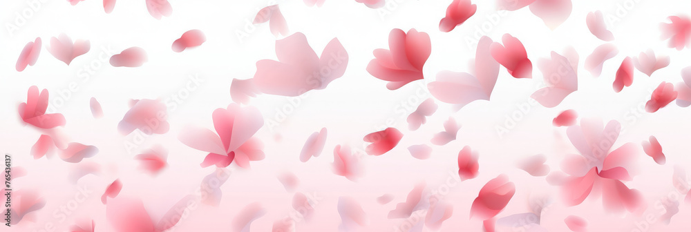 Pink cherry blossom petals flying in the air on white background.banner.copy space