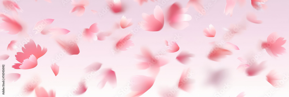 Pink cherry blossom petals flying in the air on white background.banner.copy space