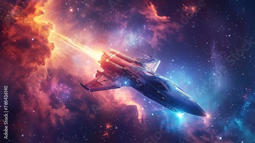 Fototapeta Naklejka Na Ścianę i Meble -  A blue and red space ship is flying through a colorful galaxy. The bright colors and the movement of the ship create a sense of adventure and excitement