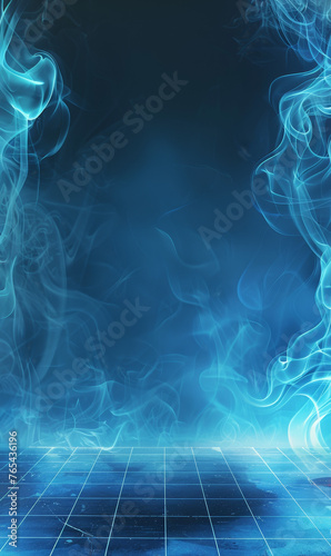 Blue waves of smoke undulate in a mesmerizing abstract art with glowing grid.