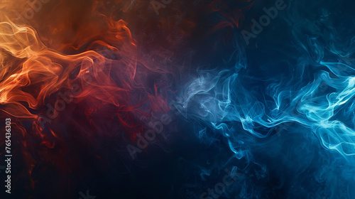 Red and blue smoke twirl in a mysterious abstract display.