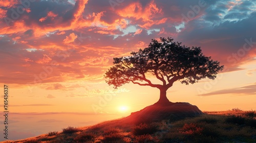 A tree is standing on a hillside with a beautiful sunset in the background. The sky is filled with clouds, and the sun is setting, creating a warm and peaceful atmosphere
