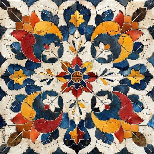 A colorful tile mosaic with a flower design. The tile is blue, red, and yellow. Scene is vibrant and lively