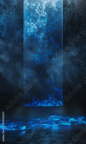 Dark, enigmatic energy pulses through abstract blue vapor forms.