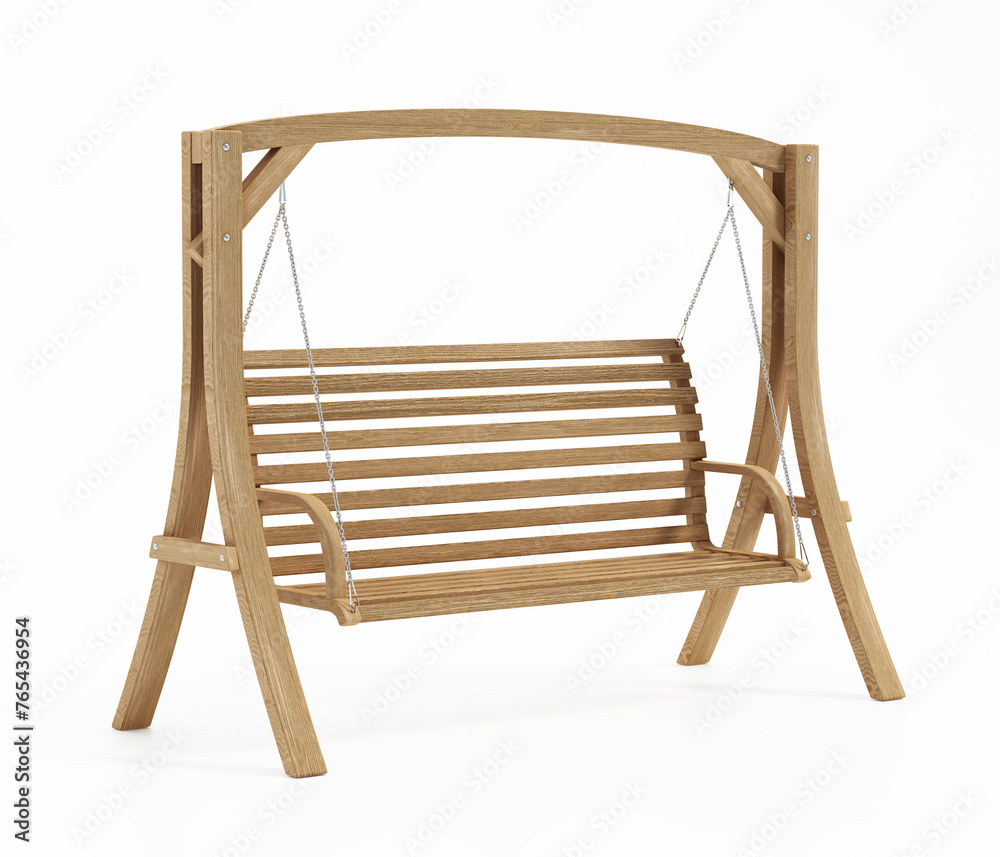 Wooden swinging garden bench isolated on white background. 3D illustration