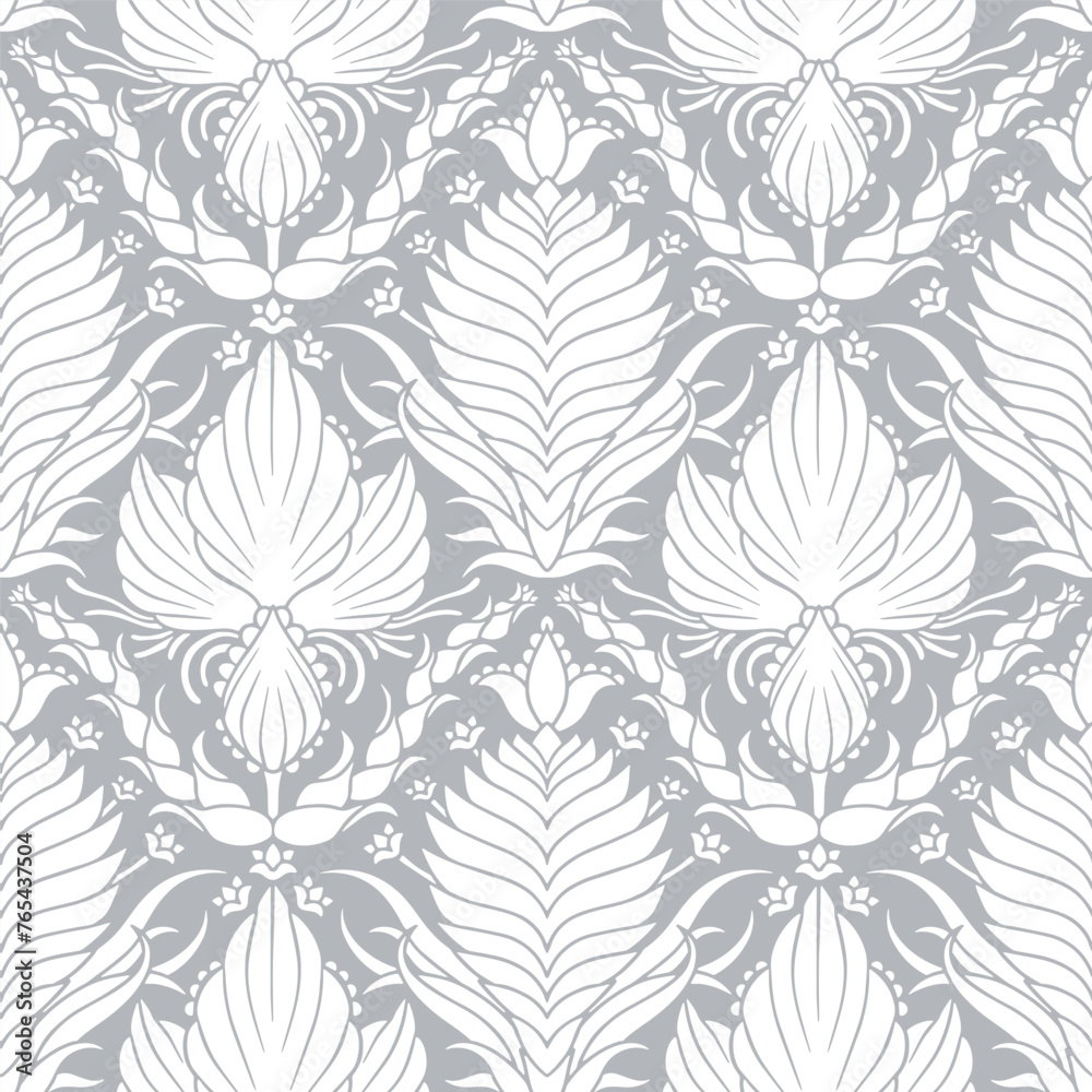 Seamless pattern of white Damask motifs on a gray background. Floral abstract repeat monochrome background.