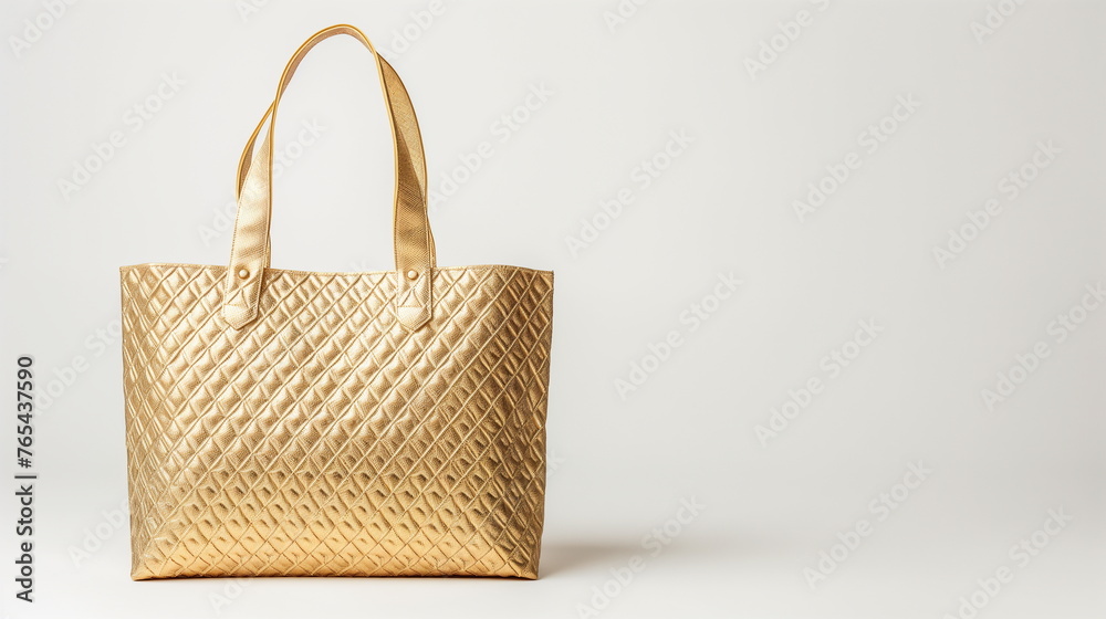 A luxurious tote bag with a sparkling gold color and diamond pattern. White background studio product photography. Copy space. Generative AI A luxurious tote bag with a sparkling gold color and diamond pattern. White background studio product photography. Copy space. Generative AI