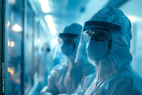 Workers in protective gear in a semiconductor manufacturing facility. Concept Semiconductor Manufacturing, Workers in Protective Gear, Industrial Environment, Safety Precautions