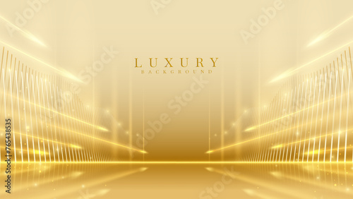 Elegant award ceremony background featuring a golden virtual reality tunnel with futuristic lights and bokeh decorations, creating a warm stage atmosphere ideal for luxury branding.