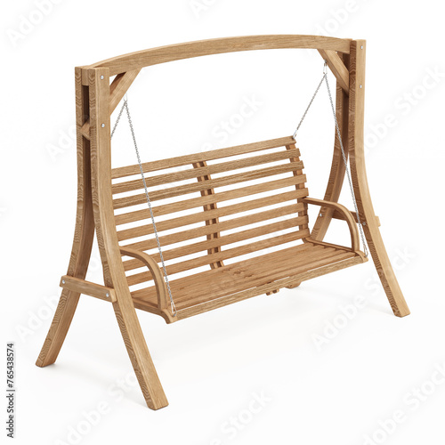 Wooden swinging garden bench isolated on white background. 3D illustration