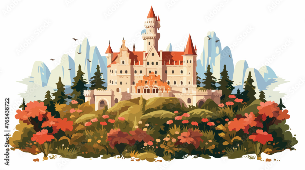 German Castle Overgrown with Flowers Flat vector  - obrazy, fototapety, plakaty 