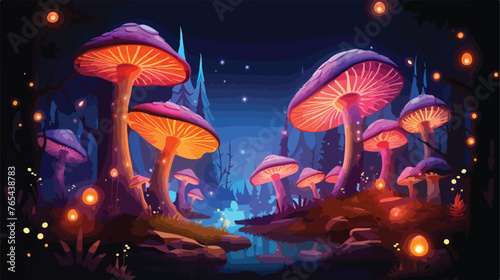 Fototapeta Naklejka Na Ścianę i Meble -   Giant fairy mushrooms illuminated by bright lanterns.