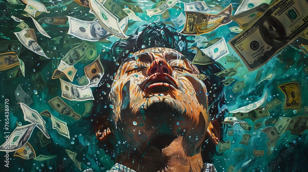 Financial Distress Surrealist painting portraying the emotional toll of a global money crisis evoking feelings of anxiety and unease. - obrazy, fototapety, plakaty 