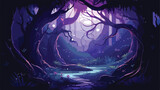 Gloomy fantasy forest scene at night with glowing light