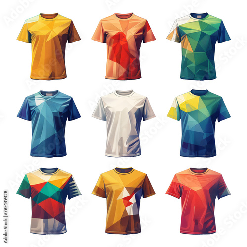 A collection of colorful t-shirts with various designs and patterns