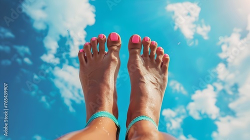 Womans Feet in Pink Nail Polish Floating in the Sky adorned with Green Bracelets