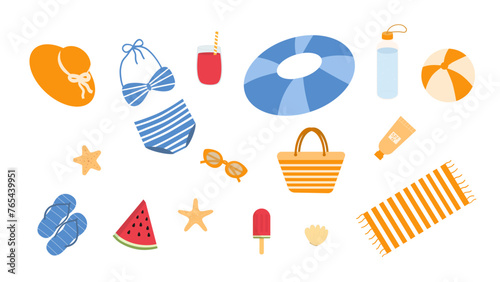 Set of beach holiday, elements for sea, summer vacation trip. Swimsuit, sun hat, glasses, ball, watermelon, ice cream, drink, towel, flip-flops, shells, sun cream, bottle. Flat vector illustration.