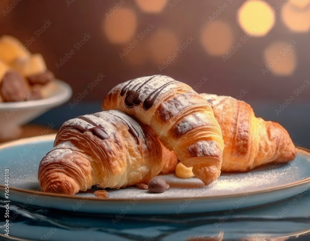 Premium chocolate croissant for servings in cafe and restaurant on elegant beautiful background