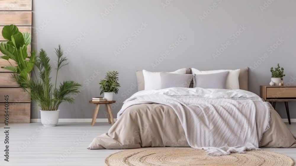 Naklejka premium Cozy bedroom interior with white bed and plant.