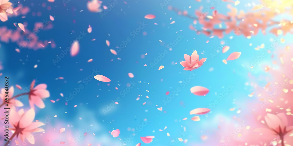 pink blossoms falling from the sky on blue sky background, pink cherry blossoms wallpaper banner, empty space background	
