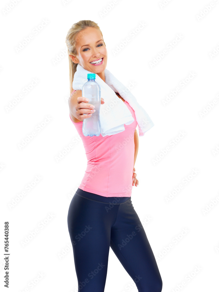 Girl, portrait and water in studio for fitness or hydration for exercise or training for slim body and healthy or fit figure. Female person, happiness and beverage for refreshing after workout Girl, portrait and water in studio for fitness or hydration for exercise or training for slim body and healthy or fit figure. Female person, happiness and beverage for refreshing after workout