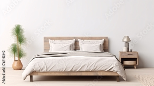 Interior of modern bedroom with white walls and wooden bed. © Argun Stock Photos