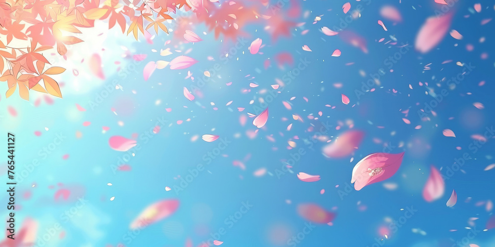 pink blossoms falling from the sky on blue sky background, pink cherry blossoms wallpaper banner, empty space background	
