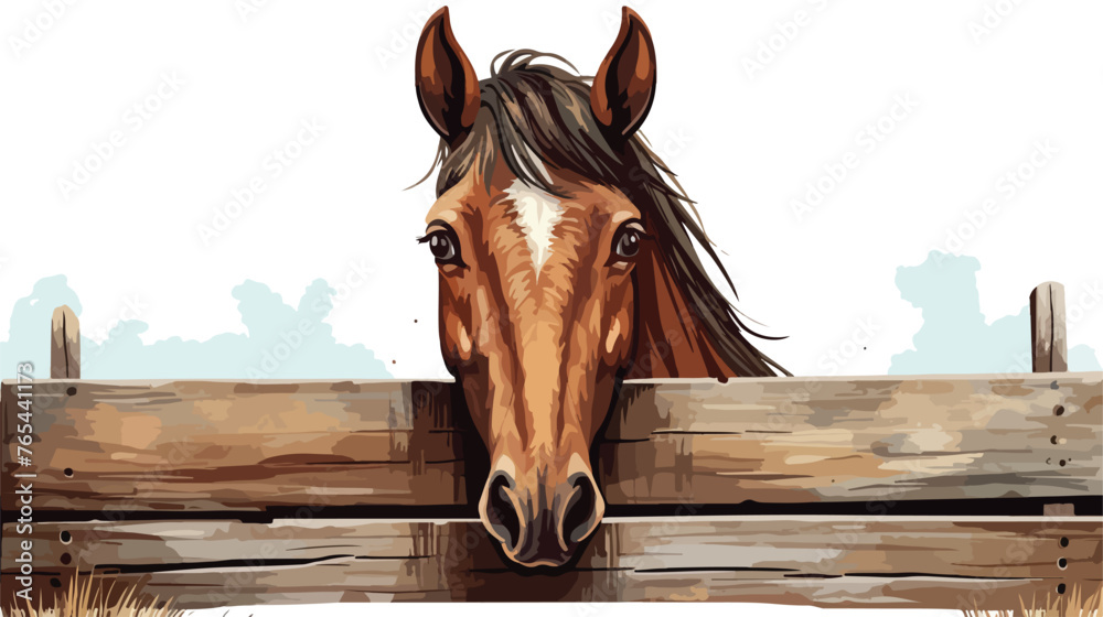  Horse Looking Over an Old Wood Fence Flat vector  - obrazy, fototapety, plakaty 