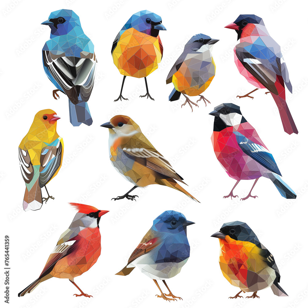 A set of twelve birds in various colors and sizes